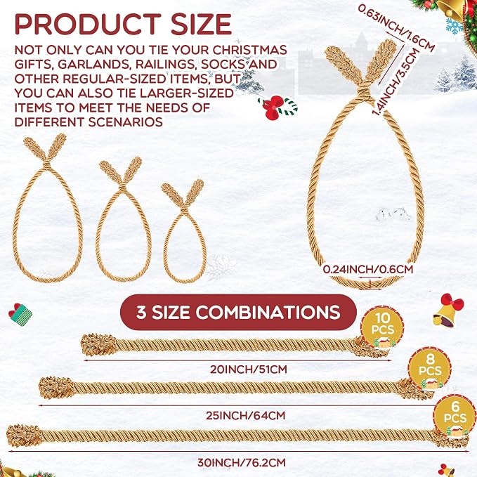 Zhengmy 24 Pcs Christmas Garland Ties Extra Long 30'' 25'' 20'' Gold Decorative Twist Tie for Banister Reusable Flexible Twist Tie for Garland Stairway Railing Home Xmas Holiday Decor