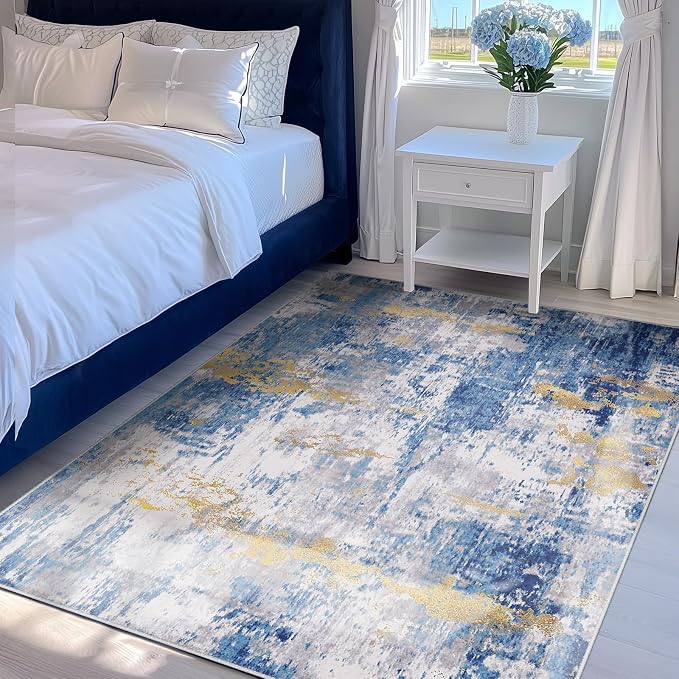 RELEANY Washable 4'x6' Abstract Area Rug for Living Room Blue Gold | Carpet for Bedroom, Kitchen, Office, Hallway and Entryway, Printed Pattern, Non‑Slip, Soft, Stain‑Resistant, Easy to Clean