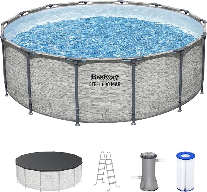 Bestway Steel Pro MAX 14' x 48" Above Ground Pool, Round Metal Frame Outdoor Swimming Pool Set with Filter Pump, Ladder, and Cover, Gray Stone Print