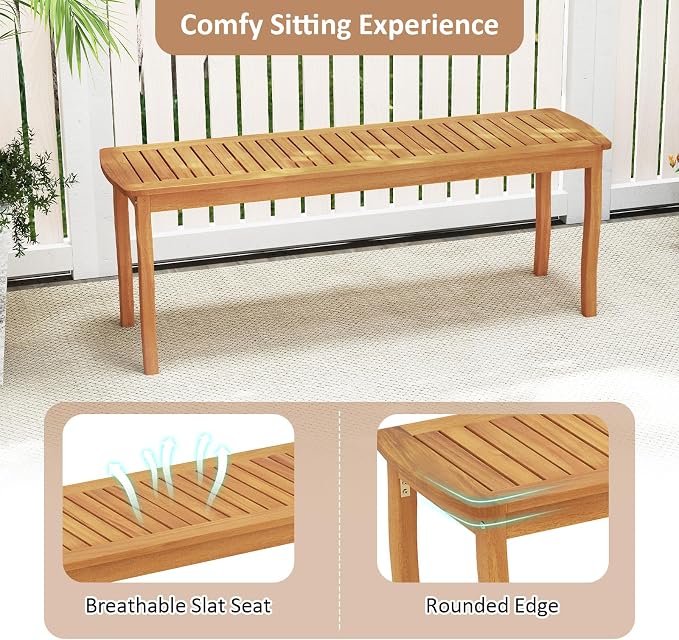 Tangkula Acacia Wood Outdoor Bench, 47" 2-Person Patio Dining Bench with Slatted Seat, Backless Wooden Entryway Bench, Farmhouse Indoor Outdoor Bench for Garden, Poolside, Deck & Park (2,Natural)