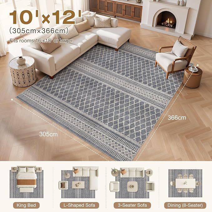 cotiled Boho 10x12 Area Rug for Living Room: Large Moroccan Washable Rug | Solve Modern Neutral Trendy Home Decor - Stain Resistan Carpet for Bedroom Farmhouse Charcoal Grey