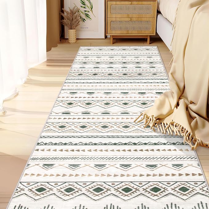Runner Rug 2x5 Boho Geometric Area Rugs: Small Washable Kitchen Entryway Rug, Soft Non Slip Moroccan Long Hallway Rugs for Bedroom Bathroom Laundry Entryway Staircase Foyer(Brown Green,2'x5')