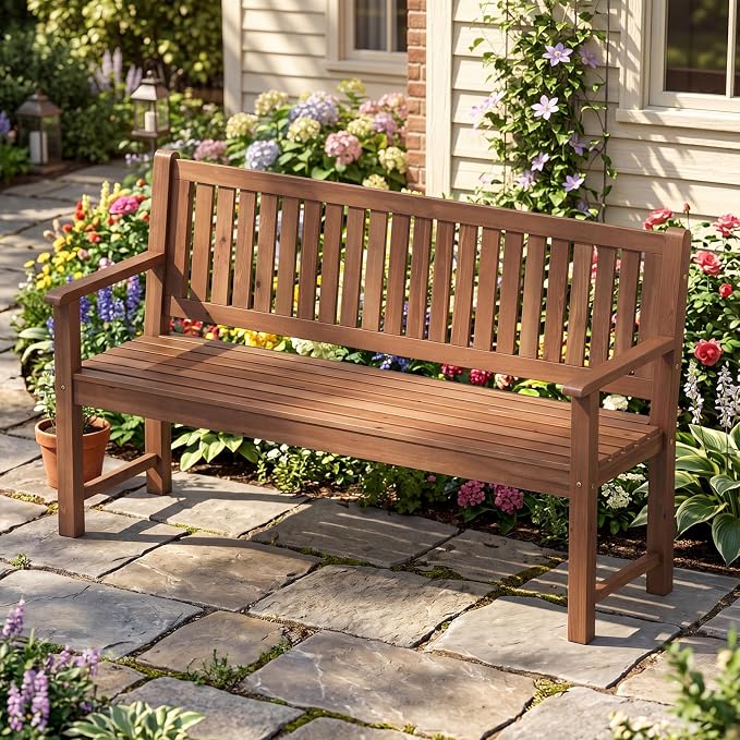 Tangkula 3-Seater Outdoor Wooden Bench, 59” Large Garden Bench with Backrest, Armrests, Slatted Seat, Loads up to 990 LBS, Fir Wood Bench Seating for Porch, Backyard, Deck, Poolside (59",Brown)