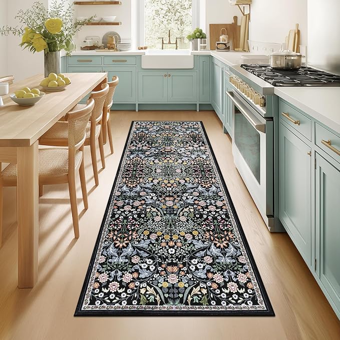 PLHXFR 2.6x8 Washable Runner Rug：Floral Indoor Kitchen Carpet Dark Black | For Hallway Bedroom Kitchen Laundry Bathroom Dorm,Vintage Floral,Machine washable,Non Slip,Stain Resistant,Indoor Floor
