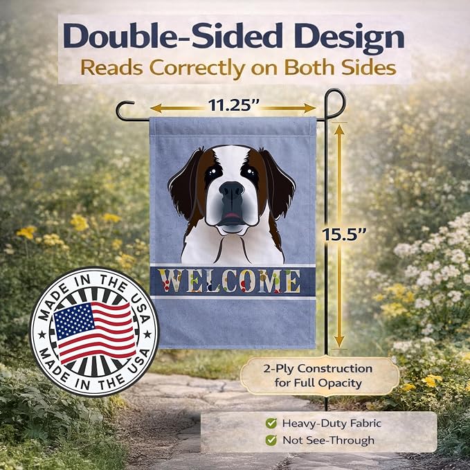 Caroline's Treasures BB1432GF Saint Bernard Welcome Garden Flag, Blue Mailbox Flag Decorative Yard Flag Banner Outside Patio Artwork Yard Flower Beds, Garden Size, Multicolor