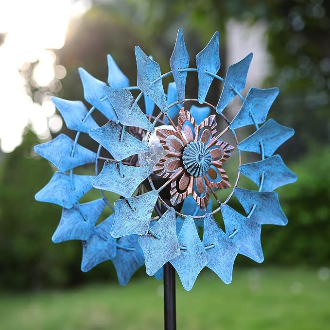 Solar Wind Spinner 75in Azure 360°Spin LED Crackle Glass Globe Garden Decor | 8H Working Color Changing Adjustable Height Upgraded 1.6cm Sturdy Metal Tool-Free Weatherproof Gift-Ready Color Box Packaging