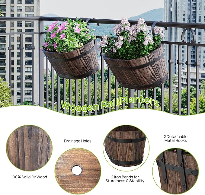 2PACK Railing Planter Box Wood Hanging Flower Pots for Railing Fence Outdoor Balcony Planters for Wall Window Flower Box Hanging Bucket Pots Countryside Plant Holder (Carbonized,2pcs,Large)