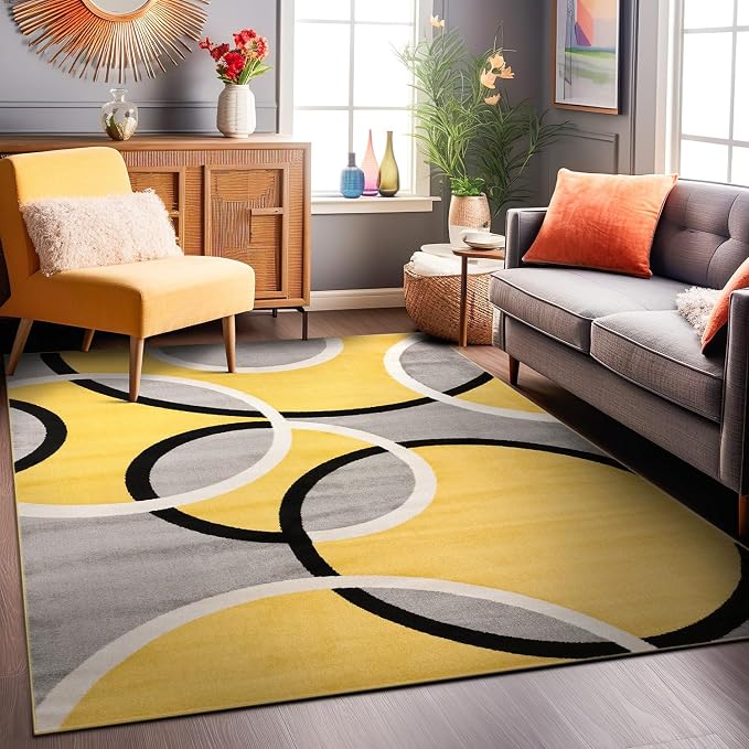 Rugshop Abstract Circles Contemporary Living Room Area Rug Yellow 6'6" x 9' | Non-Shedding, Rectangular, Size 6'6" x 9', Bedroom, Dining Room, Home Office, Kitchen, Entryway, Hallway, Nursery, Kids Room