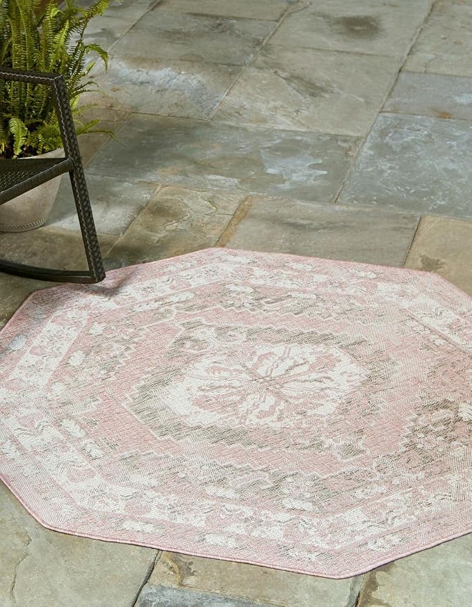 Unique Loom Outdoor Traditional Collection Area Rug - Valeria (7' 10" Octagon, Pink/ Ivory)