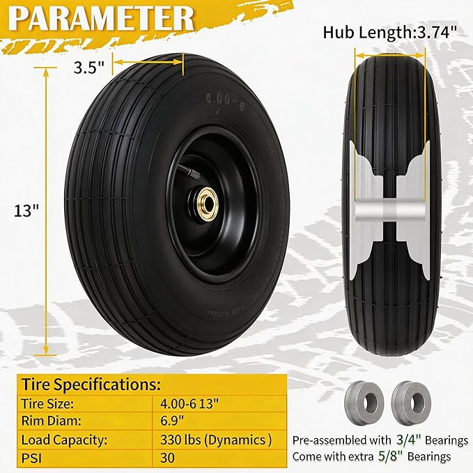 4.00-6 Pneumatic Tire, 13'' Tire and Wheel 330LB Load Capacity, 5/8” & 3/4” Bearings Included, 3.74"-4.74"-6.74"-7.74" Adjustable Centered Hub, for G orilla Carts, Dolly, Hand Trucks, 2 Pack