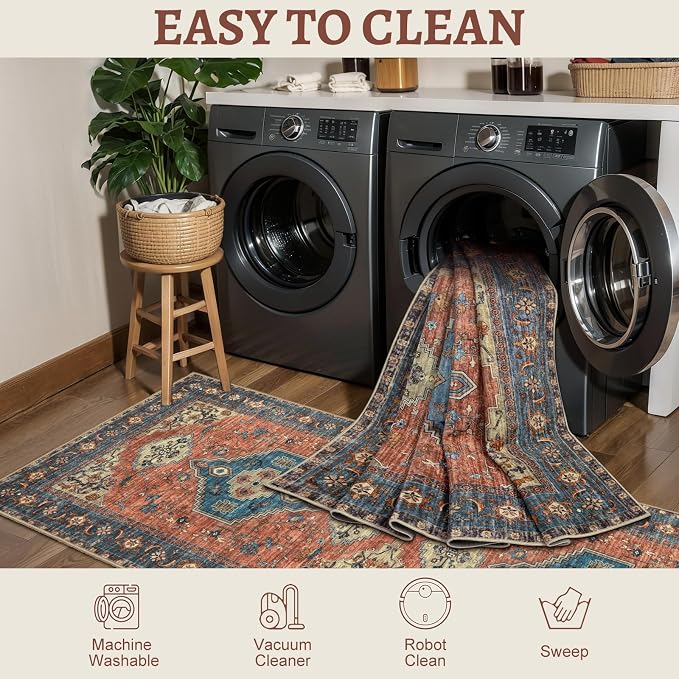 Tangsoo Oriental 3x5 Washable Area Rugs, Vintage Non Slip Accent Rug | Boho Indoor Print Distressed Carpet, Soft Low Pile Rug for Living Room Dining Bedroom Bedside Entryway Terracotta Blue