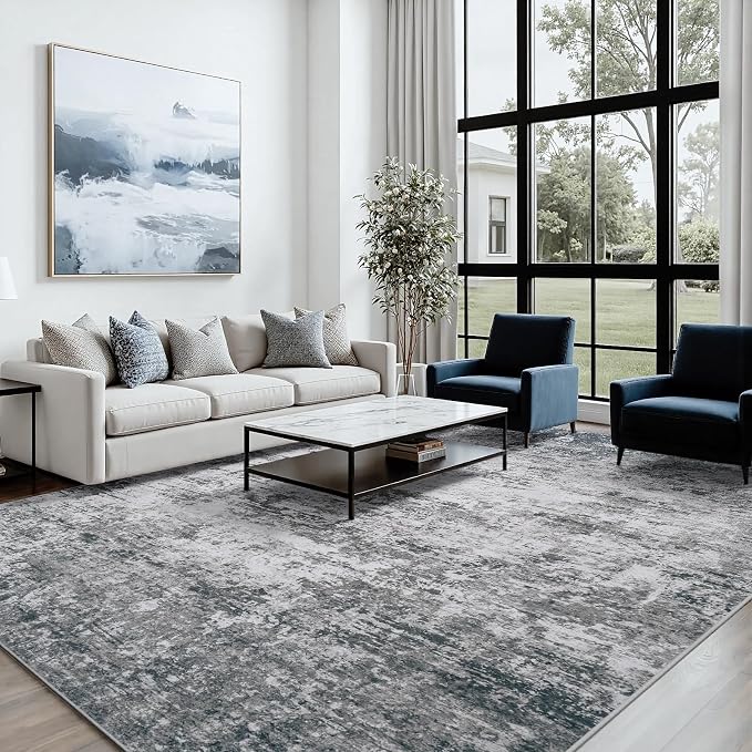 5x7 Area Rugs for Living Room: Washable Soft Gray White Abstract Carpet | Non-Slip TPE & Stain Resistant,0.25" Low-Pile,Kids Pet Friendly Modern Decor for Dining Room Farmhouse Office, Non-Shedding