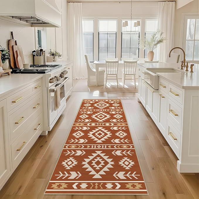 Western Runner Rug 2x6 for Hallway Kitchen Bedroom, Southwestern Aztec Tribal Runner Rugs Southwest Navajo Machine Washable Rug Non-Slip Printed Low-Pile Floor Carpet Mat for Living Room, Yellow Brown