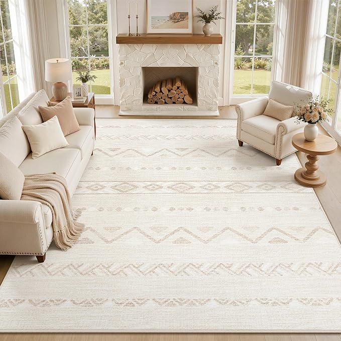 Zomfy Washable Rug 8x10 Area Rugs for Living Room(CreamBeige, 8'x10') | Geometric Boho Modern Rugs Large Non Slip Soft Carpet Low Pile No Shedding Print Rug for Bedroom Dining Room Home Office