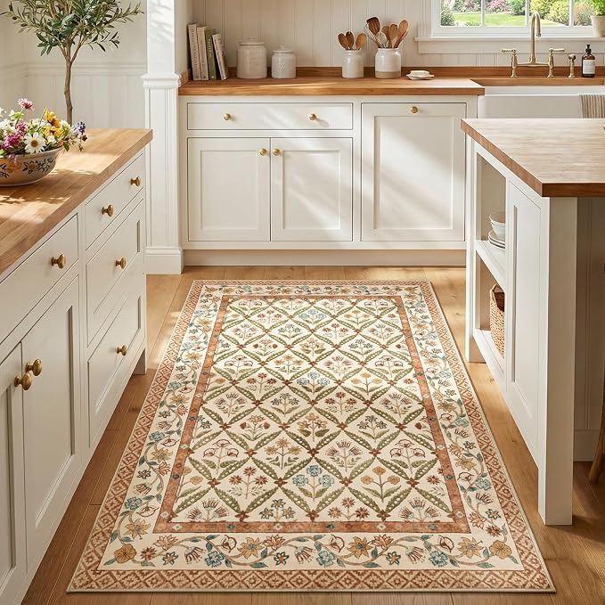 jinchan 4x6 Vintage Floral Washable Non Slip Bedroom Area Rug, Terracotta | Soft & Lightweight, Checkered Floral, Low Pile, Bedroom, Kitchen, Girls Dorm, Apartment, Small Living Room, Cottage Decor