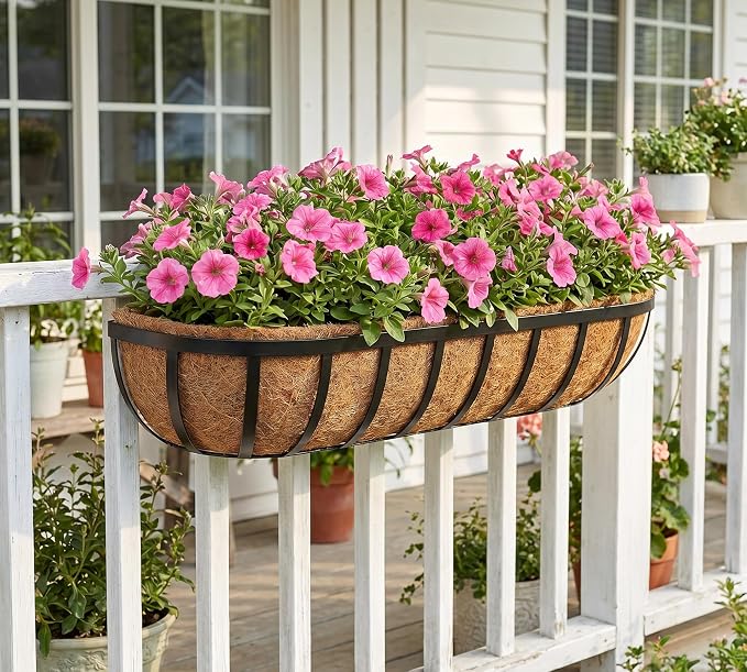 Y&M Window Planter Box Iron Deck Planters – Heavy Duty Steel Flower Troughs with Coco Liner, Adjustable Hanging Brackets for Balcony, Patio, Porch & Garden-30in 4Pcs