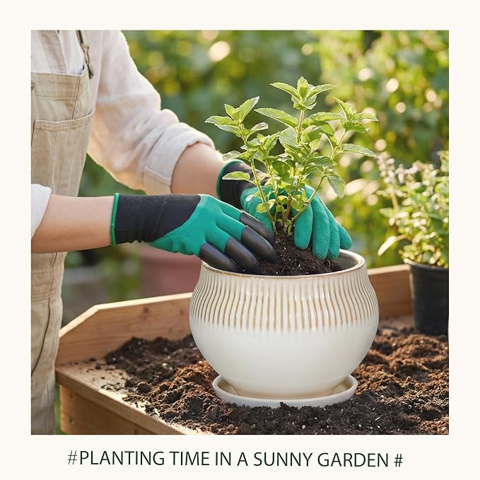 8.3 Inch Modern Ceramic Plant Pot with Drainage Hole and Mesh Net, Indoor Outdoor Planter with Saucer & Gardening Glove, Pots for Succulents, Flowers, Large Plants, White