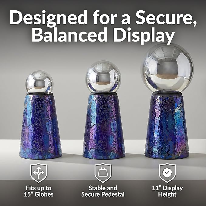 Sunnydaze Glass Gazing Ball Stand for Outdoors, Iridescent Purple | Outdoor Mosaic Sphere Holder & Pedestal for Backyard or Patio Decoration, 11" Tall Gazing Globe Stand, Fits 10-12 in Balls