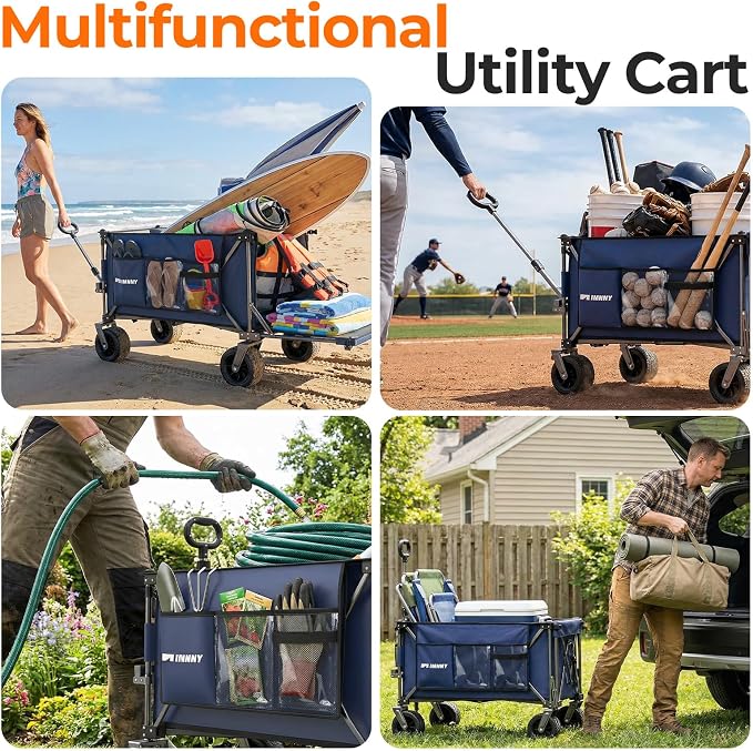 Collapsible Wagon with Tailgate, 55" Expandable 300L All-Terrain | 500 Lbs Heavy Duty, Utility Folding Wagon, 7"×4" Wheel, 360° Swivel & Brakes, Long Item Storage,Beach, Camping, Gardening