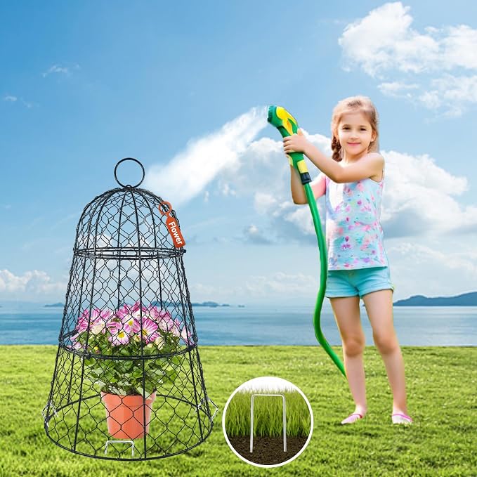 6 PCS 17.7"H X11.42"D Chicken Wire Plant Covers Protectors, Rustproof Heavy Duty Metal Plant Cage with Stakes & Labels, Modular Garden Cloches Design for Seedling Flower Vegetable Protect from Animals