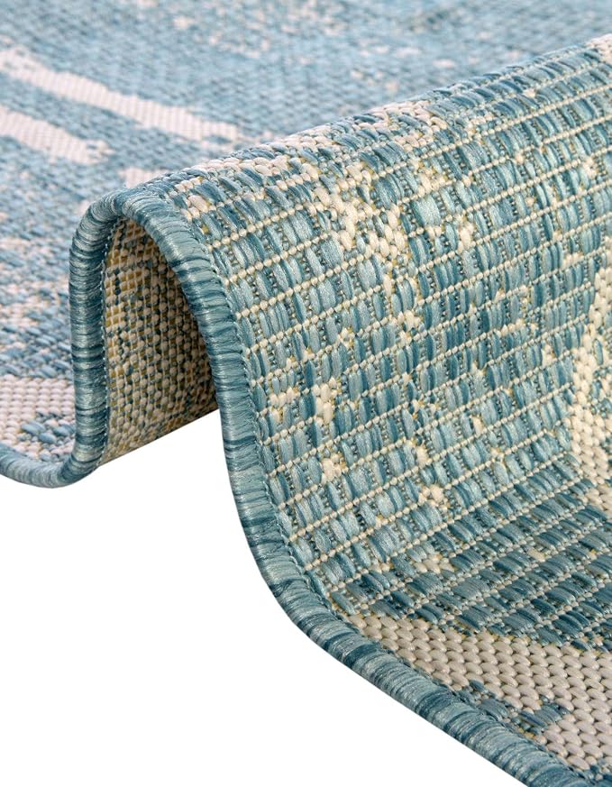 Unique Loom Outdoor Bohemian Collection Area Rug - Anthro (10' 8" Round, Light Aqua/ Ivory)