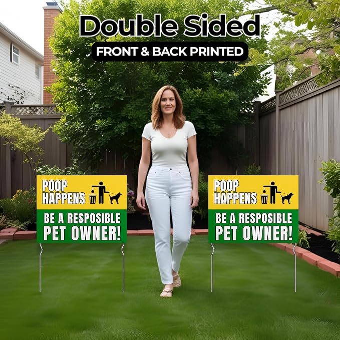 Poop Happens – Be a Responsible Pet Owner! Yard Sign by DC | 24"x18" Double Sided Pets Garden Sign with 13” Metal Stakes | Outdoor Signs Waterproof for Lawn, Patio, Sidewalk & House | Set of 5