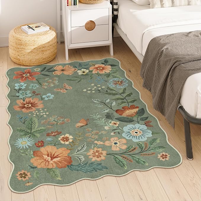 Lahome Floral Washable Rugs, 4X6 Rug for Bedroom Ultra-Thin Soft Dining Room Rug, Non-Slip Living Room Rugs Stain Resistant Boho Rug Lightweight Flore Throw Rug for ‎Office (4x6ft,Green)