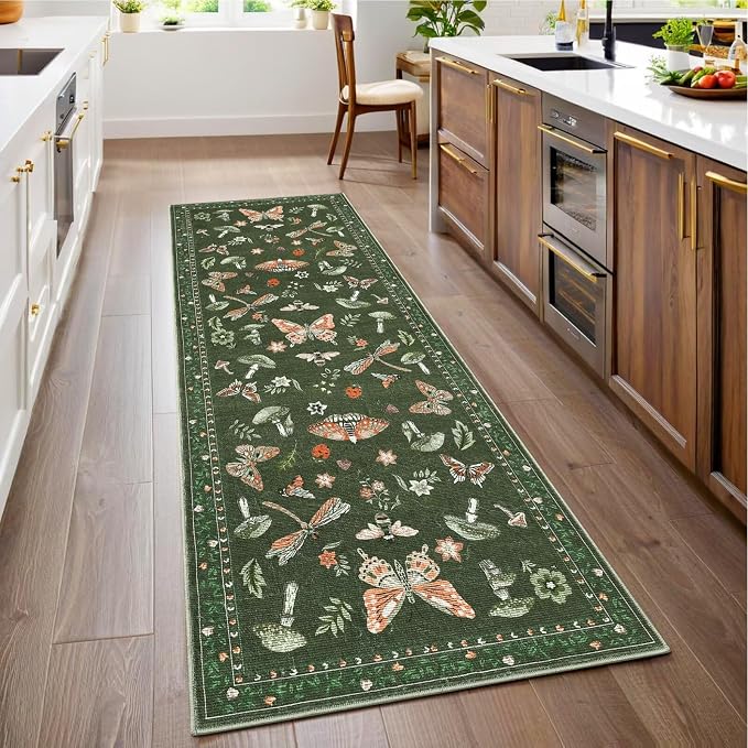 Mushroom 2x6 Runner Rug for Hallway Washable Kitchen Rugs Non Slip Low-Pile Whimsical Cottage Core Insect Bug Butterfly Funky Decor for Entryway Bathroom Bedroom Olive Green