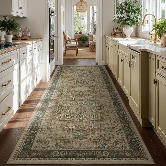 Moody 4x8 Area Rugs for Long Living Room, Washable Non Slip Wide Large Runner for Entryway Hallway 8ft, Retro Distressed Medallion Carpet Rugs for Bedroom/Kitchen/Dining Room, Multi Brown/Olive