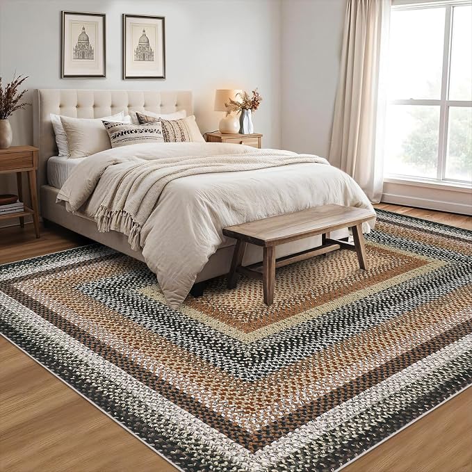 RUGSREAL 9x12 Braided Rug Washable Non Slip Living Room Bedroom Area Rugs | Modern Braid Printed Large Dining Room Rug with Rubber Backing Farmhouse Accent Carpet for Home Decor Office, Sand/Bronze