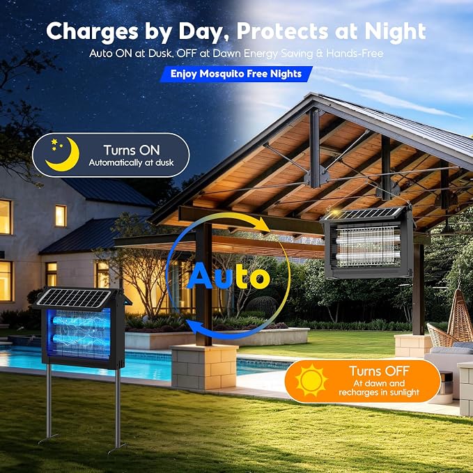 Solar Bug Zapper Outdoor, 4500V Electric Mosquito Zapper with Dual Solar Panels, Auto On/Off Mosquito Killer, IPX5 Waterproof Fly Trap for Backyard Patio Garden Camping, 1/2 Acre Coverage