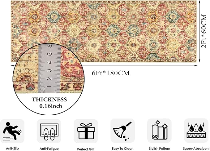 Lahome Moroccan Washable Runner Rug, 2x6 Soft Kitchen Runners for Hallways | Trellis 6 Feet Non Slip Vintage Laundry Room Rug Ultra-Thin Carpet for Bathroom Bedroom Entryway Elise, Red Orange