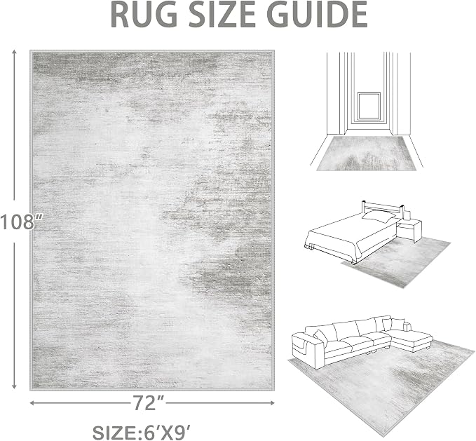 Area Rugs 6x9 Living Room: Washable Rug Modern Abstract Large Rugs Soft Non Slip Neutral Rug Stain Resistant Indoor Carpet for Bedroom Kitchen Dining Room Nursery Home Rugs(Grey,6'x9')