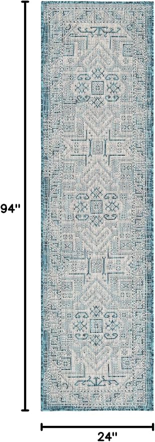 Unique Loom Outdoor Aztec Collection Area Rug - Coba (2' x 7' 10" Runner, Teal/ Ivory)