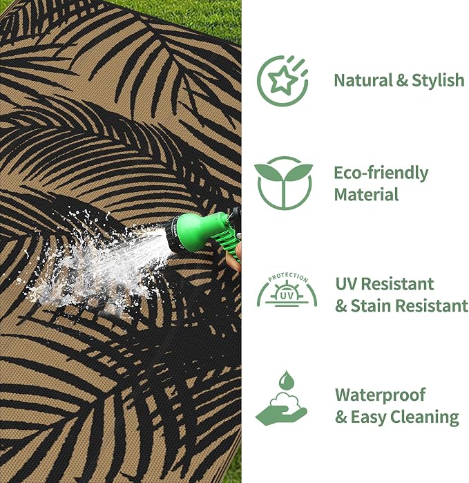 GENIMO Outdoor Rug 8' x 10' Waterproof for Patio Clearance, Reversible Plastic Straw Camping Carpet, Lightweight Mats for Rv, Backyard, Deck, Porch, Picnic, Beach, Balcony, Pitch Black & Brown