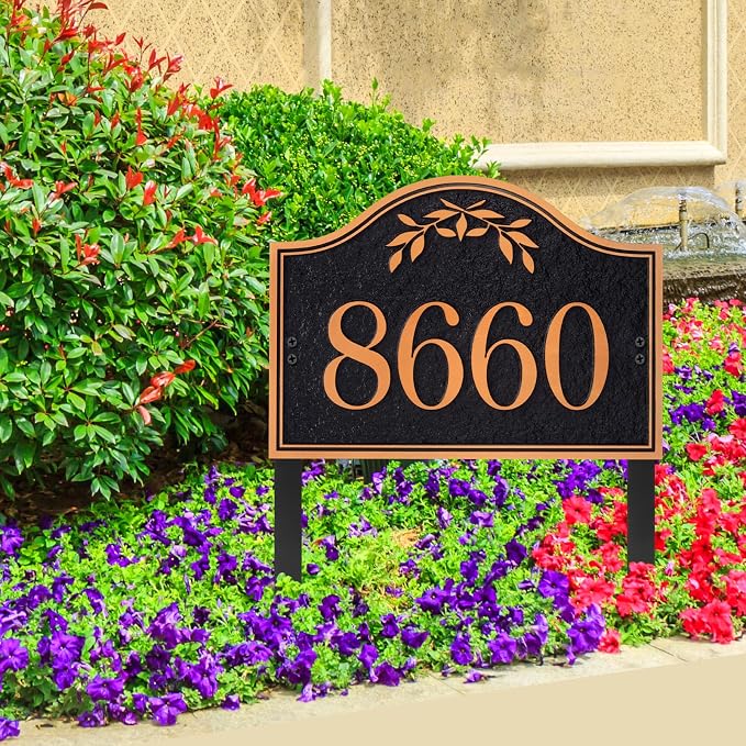 Yard Address Sign - Personalized Address Plaque,House Number Yard Sign,House Numbers for Outside,Lawn,Yard,Ground with 2 Stakes (Black/Red Copper)