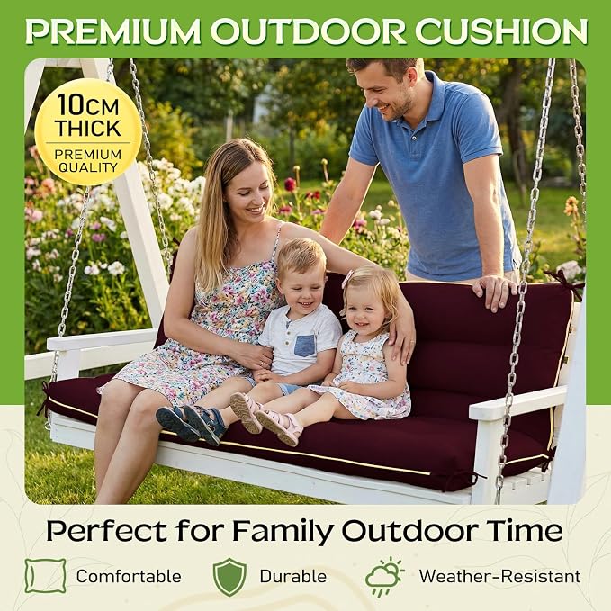 60×40 INCH Outdoor Swing Cushion with Backrest, Tie Straps & Memory Foam - Replacement for Porch Bench 2/3 Seater, Oxford Fabric (RED, 60 INCH × 40 INCH)