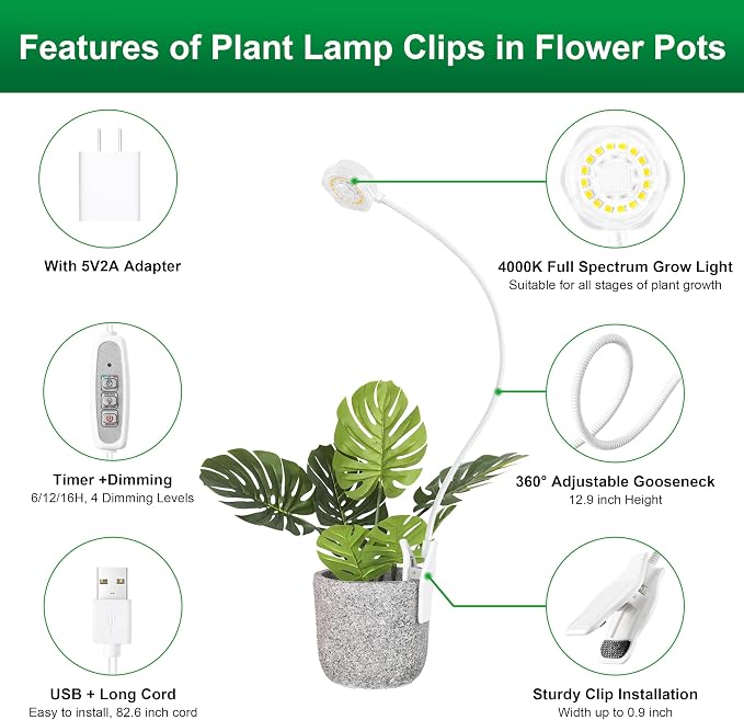 Indoor Small Plant Growth Lights, Pot Clip Grow Lights, LED Full Spectrum, Grow Lamps with 4 Brightness Levels, Auto Timer 6/12/ 16 Hrs for Succulents, White 2 Pack