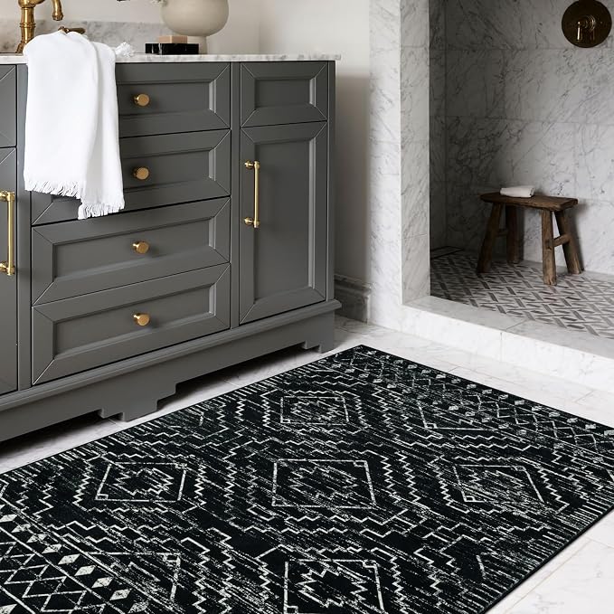 Wonnitar Moroccan 3x5 Rug, Black Washable Small Rug for Bedroom, Non-Slip Geometric Tribal Entry Throw Mat, Boho Farmhouse Rustic Soft Low Pile Area Rug for Bathroom Dining Guest Room (Black,3'x5')