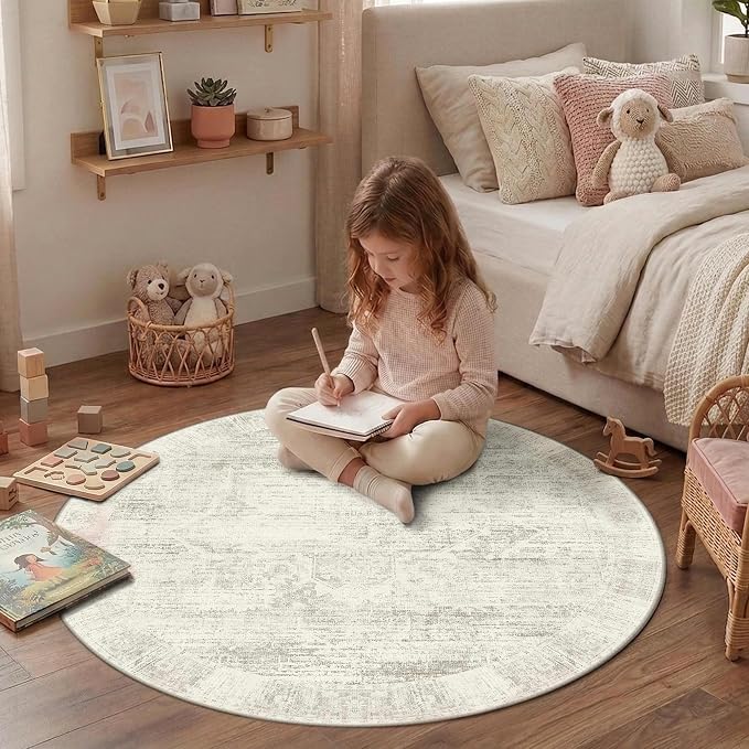 Latte&Fog 4ft Round Area Rug forBedroom Washable Circle Neutral Ivory Rug | Non Slip Low Pile Soft Floral Small Carpet for Kids Playroom Nursery Classroom Dorm Decor Dining Kitchen Farmhouse Office