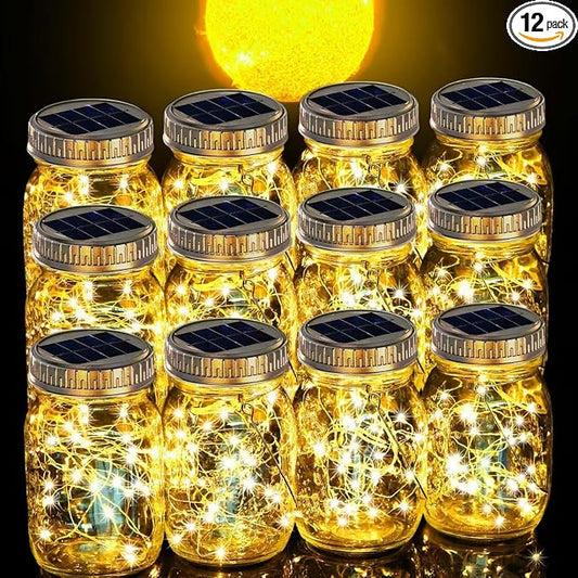 Cooo 12 Pack Gifts for Him Her Solar Lanterns Outdoor Waterproof Upgraded Crystal Glass Solar Mason Jar Lights 30 LED 215% Larger SolarPanel（Just a Little More,Get Double The Delight-Warm White）