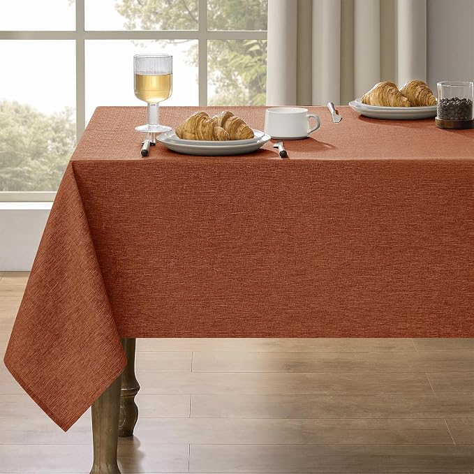 Faux Linen Farmhouse Table Cloth 60"x144" for 10 ft Rectangle Table, Burnt Orange Waterproof Outdoor Washable Cloth Tablecloth for Rectangular Dining Room Kitchen Outdoor Party Restaurant Table