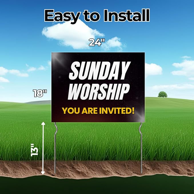 Sunday Worship - You’re Invited! Yard Sign by DC | 24"x18" Double Sided Church Garden Sign with 13” Metal Stakes | Outdoor Signs Waterproof for Lawn, Patio, Sidewalk & House | Set of 4 | Made in USA