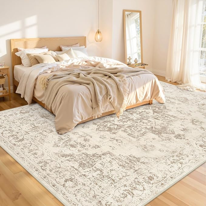 10x14 Area Rugs Living Room: Bedroom Washable Carpet Beige/Ivory | Large Vintage Boho Indoor Decor Neutral Soft Nursery Farmhouse Dining Room Office Floor Non-Slip Low Pile Under Table Rug