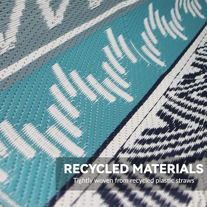 Outdoor Rug 8 x 10 ft, Reversible Plastic Straw Rug for Patio, Waterproof Large Outdoor Carpet for RV, Patio, Camping, Backyard, Deck, Picnic, Beach, Blue & Grey