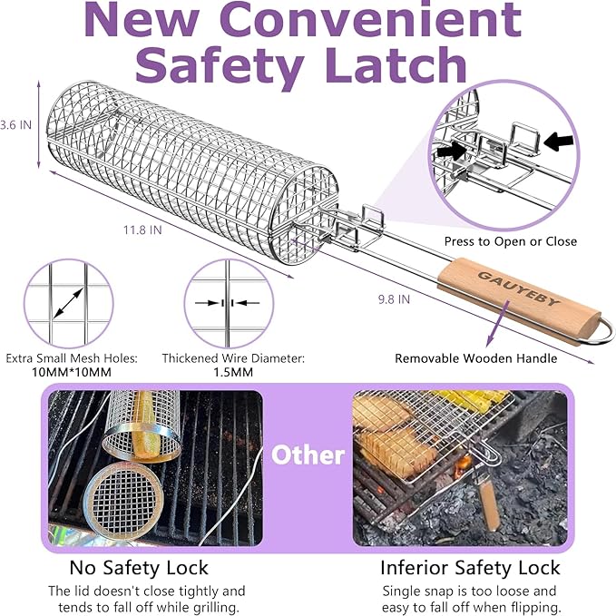 Rolling Grill Basket, Grill Baskets for Outdoor Grill, REMOVABLE HANDLE, Anti-Scorch Stainless Steel BBQ Net Tube for Meat, Shrimp, Vegetables, Grill Accessories, Gifts for Dad, Husband (Round)