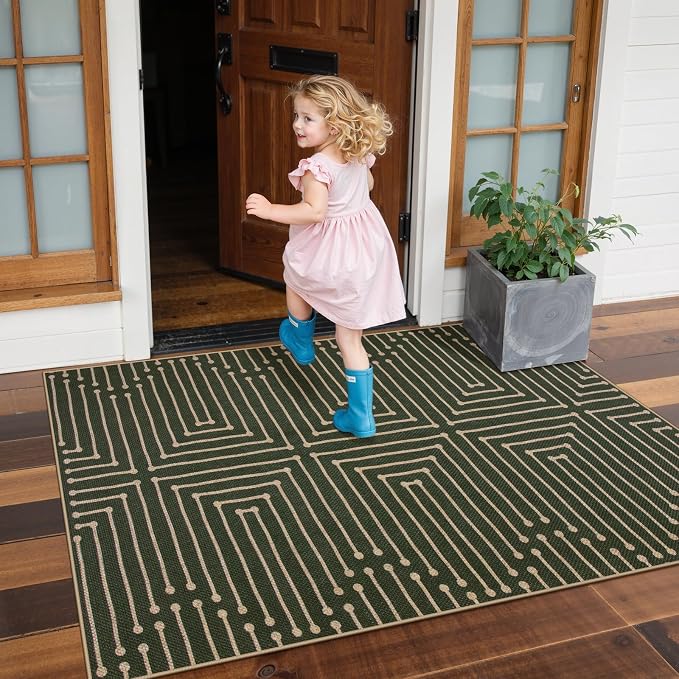 Lahome Green 3x5 Entryway Rug, Non Slip Maze Line Easy Jute Washable Rug | Modern Low Pile Non Shedding Lightweight Indoor Outdoor Carpet for Balcony Porch