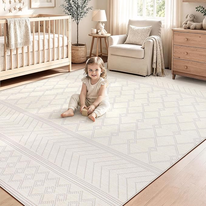 pmtsns Area Rugs 6x9 Washable Rug for Living Room(Beige, 6'x9') | Modern Geometric Moroccan Rugs Non-Slip Soft Stain Resistant Rug Indoor Printed Carpet for Bedroom Dining Room Nursery