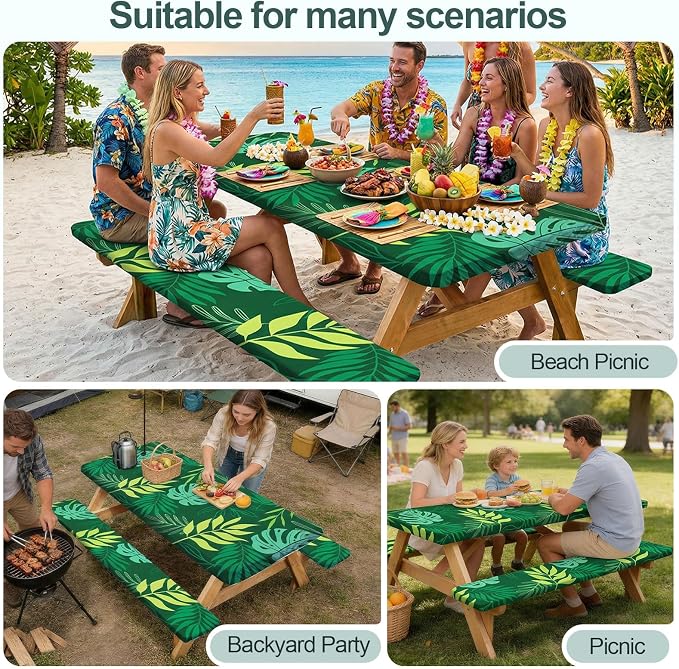 Picnic Table Cover with Bench Covers Camping Essentials Waterproof Windproof Camping Tablecloth with Drawstring Bag, Fitted Rectangle Tables and Seats, 72in, Dark Green