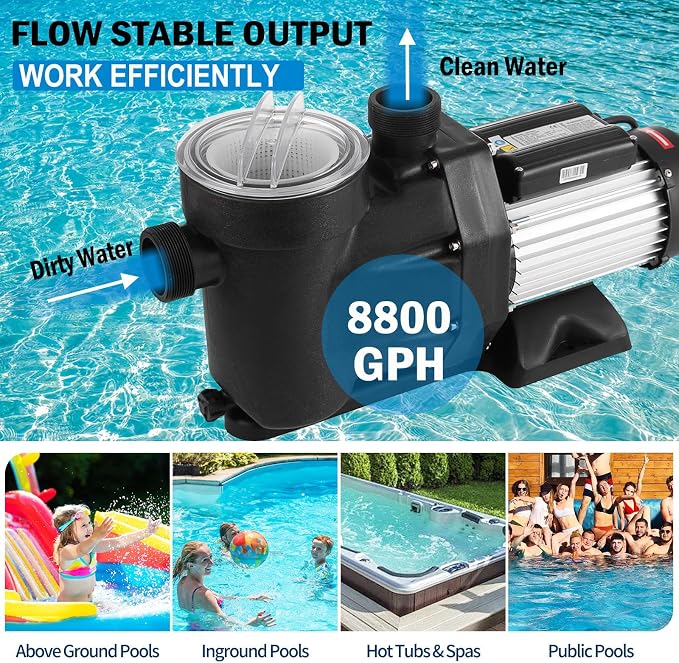 Leomru 2.5 HP Pool Pump 8880 GPH Self Priming in/Above Ground Swimming Pool Pump 110V Single Speed Pumps with Strainer Basket 6Pcs Connectors